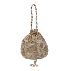 Kuber Industries Embroidery Drawstring Potli|Hand Purse with Gold Pearl Border & Handle for Woman,Girls (Cream)