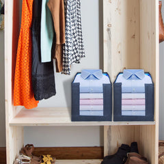 Homestic Pack of 12 Shirt Organizer for Wardrobe|Foldable & Non- woven Shirt Stacker|Designer Cupboard Organizer for Clothes |Clothes Storage box|Sturdy Cardboard Base (Blue)