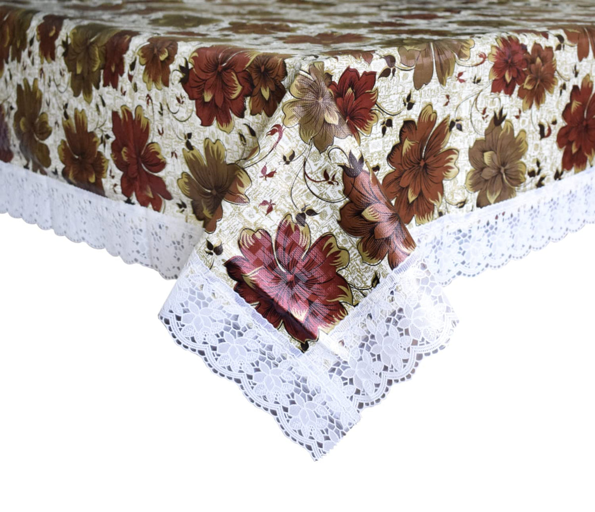 Kuber Industries Flower Printed PVC Spillproof, Waterproof, Antislip, Wipe Clean 6 Seater DinningTable Cover with White Lace Border, 60"x90" (Brown)