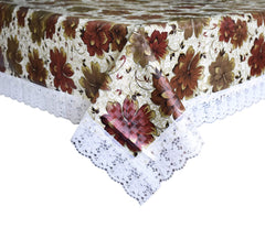 Kuber Industries Flower Printed PVC Spillproof, Waterproof, Antislip, Wipe Clean 6 Seater DinningTable Cover with White Lace Border, 60"x90" (Brown)