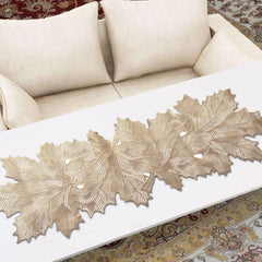Heart Home Leaf Design Waterproof, Heat Resistant, Non-Slip Soft Leather Table Runner for Dining Table (Gold)-HS43HEARTH26600, Standard