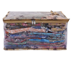 Kuber Industries Floral Print PVC Laminated Foldable Bow Saree Cover|Clothes|Wardrobe Organizer For Home & Travle With Transparent, Extra Large (Gold)