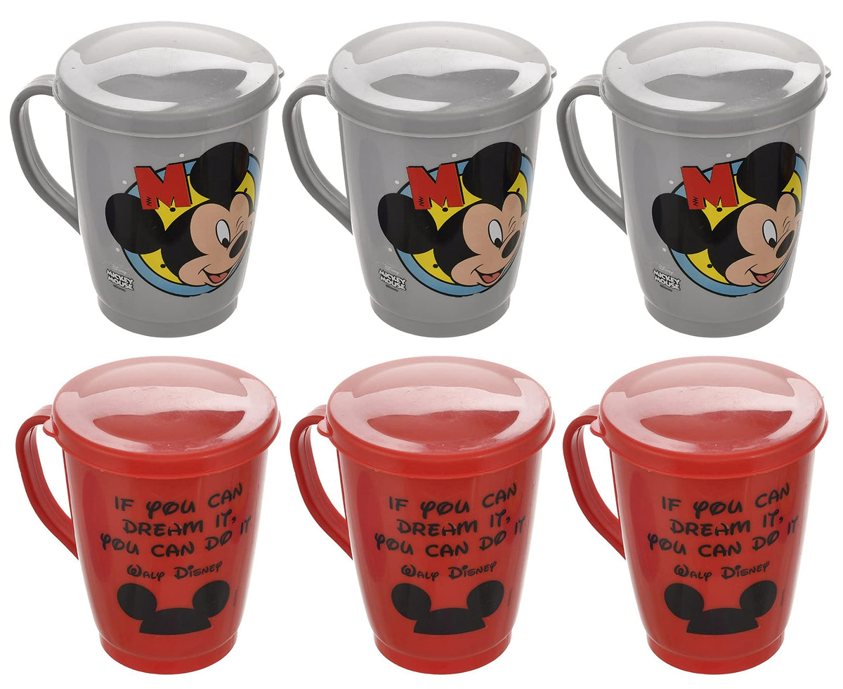 Kuber Industries Disney Printed Coffee/Tea Mug with Lid, Pack of 6 (Light Grey & Red)