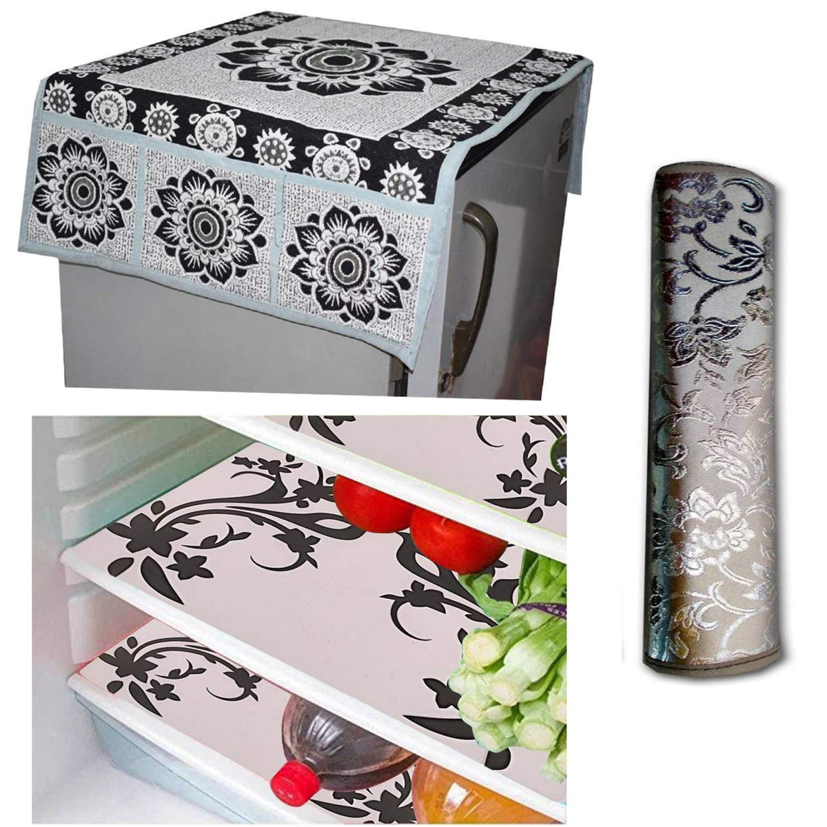 Kuber Industries Cloth 3 Pieces Fridge Mat, 1 Piece Handle Cover and 1 Pieces Fridge Top Cover (Multi)-CTKTC2778
