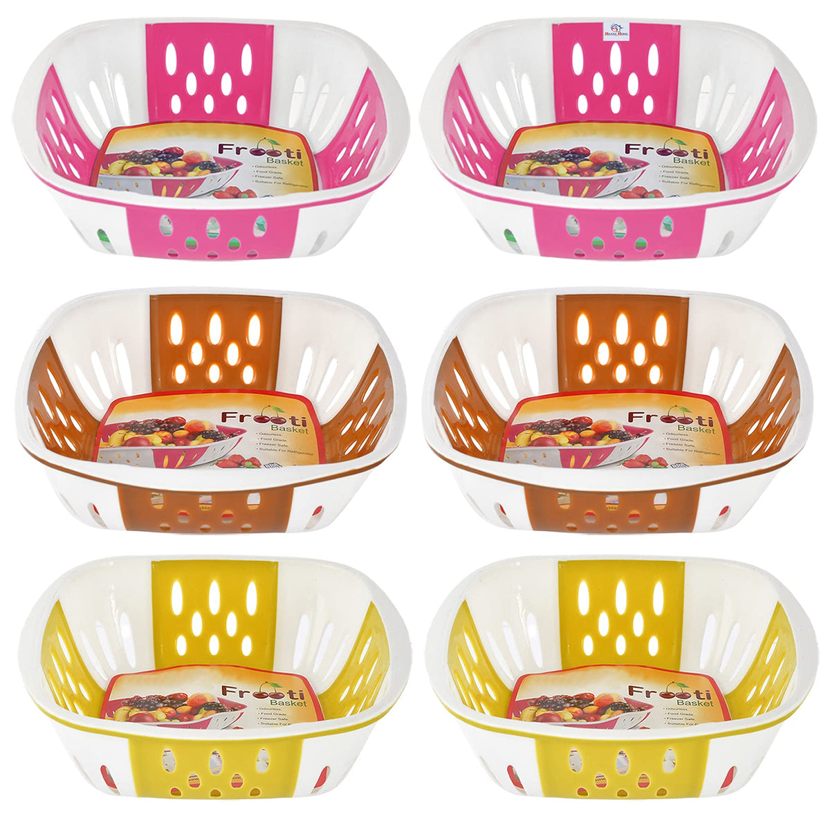 Heart Home Large Plastic Fruit, vegetable Storage Basket- Pack of 6 (Pink & Brown & Green)-HS42KUBMART25441