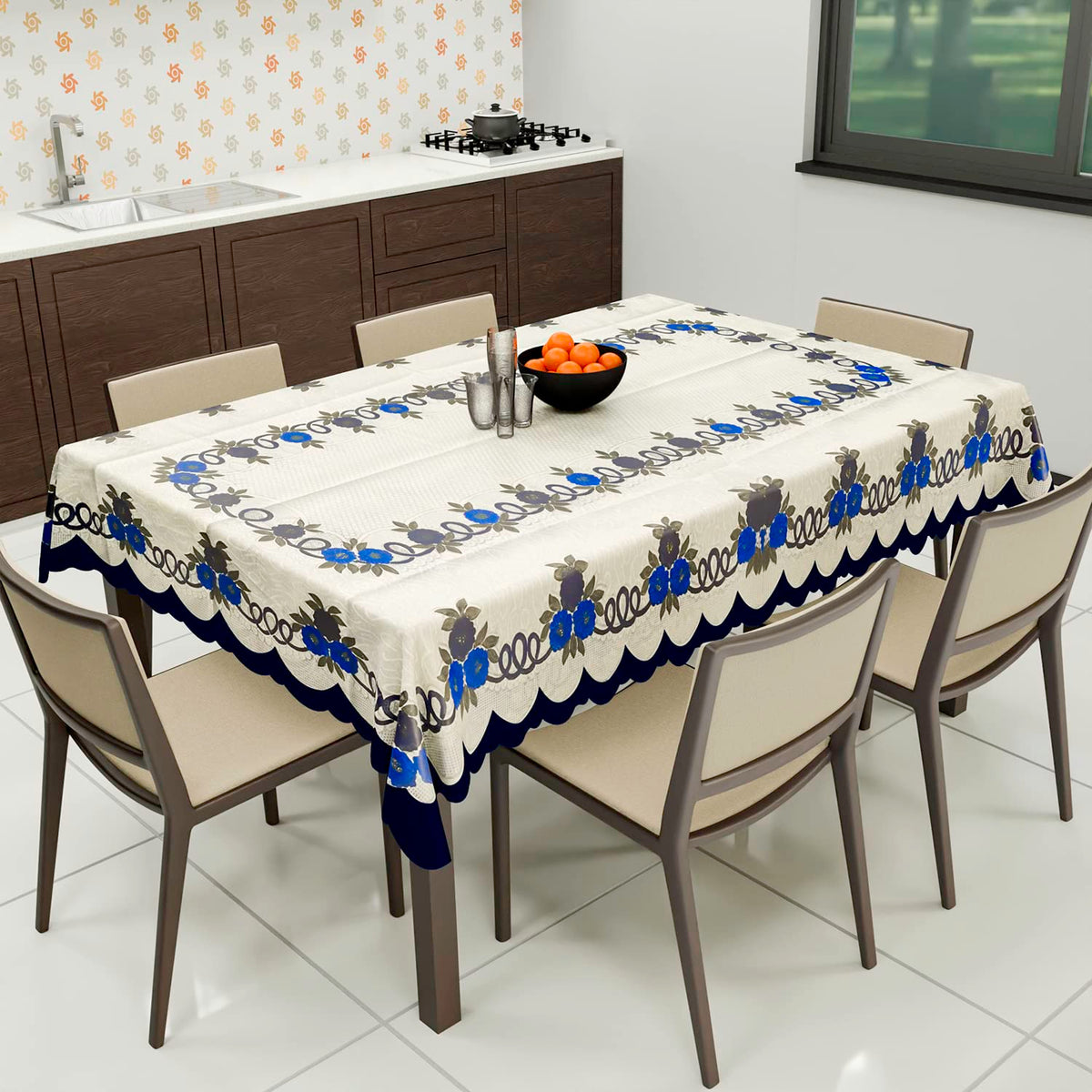 Heart Home Cotton Floral Print Waterproof Attractive Dining Table Cover|Tablecloth for Home Decorative, 60x90 Inch (Cream Blue)