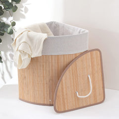 Kuber Industries Bamboo Basket With Lid|Foldable Laundry Basket For Clothes|Durable Rope Handles & Removable Bag|Natural