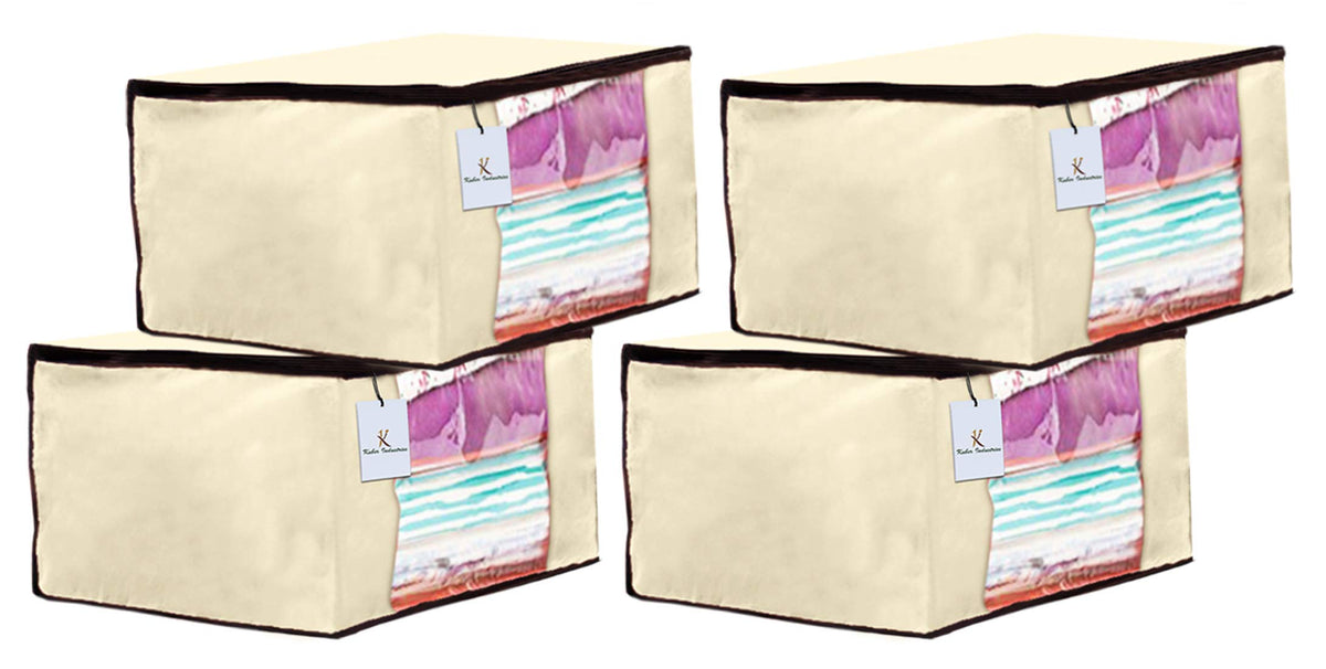 Kuber Industries 4 Piece Non Woven Fabric Saree Cover Set with Transparent Window, Extra Large, Ivory-CTKTC23685