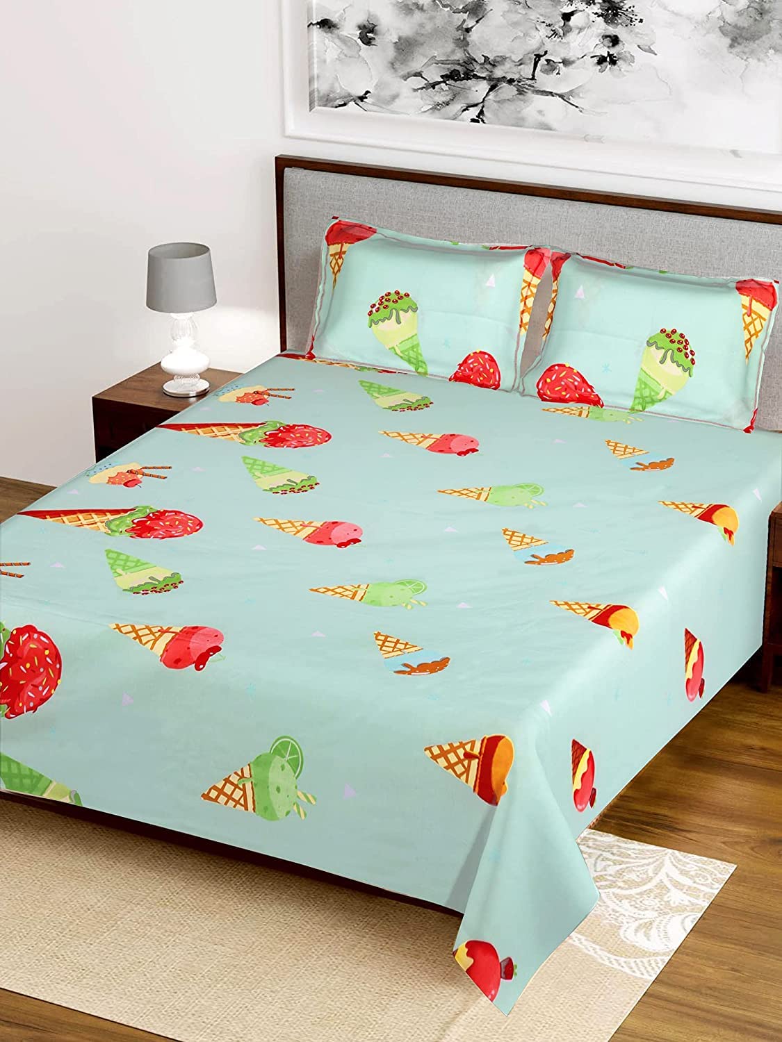 Heart Home Flower Design Glace Cotton 144 TC King Size Double Bedsheet with 2 Pillow Covers (Green) (F_26_HEARTH016954)