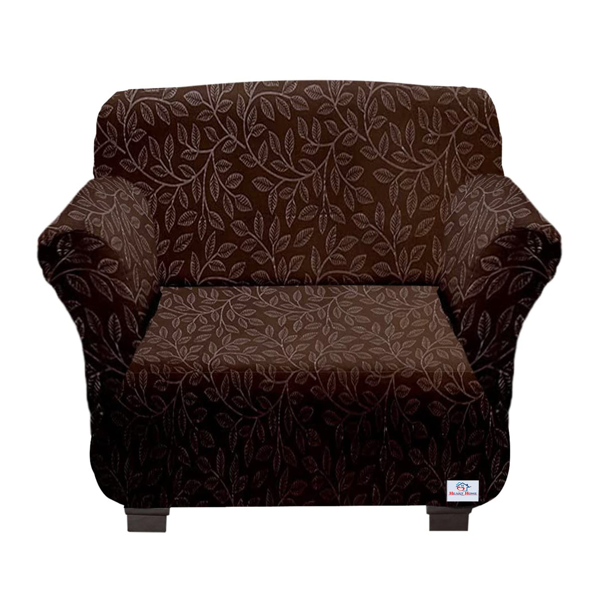 Heart Home Leaf Printed Polyster Stretchable Single Seater Sofa Cover for Home, Office, Hotels with Foam Stick (Brown)-50HH01396