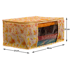 Heart Home Flower Design Non-woven Sarees, Clothes Cover/Organizer With Transparent Window- Pack of 3 (Yellow)-44HH0394