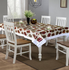 Kuber Industries Flower Printed PVC Spillproof, Waterproof, Antislip, Wipe Clean 6 Seater DinningTable Cover with White Lace Border, 60"x90" (Brown)