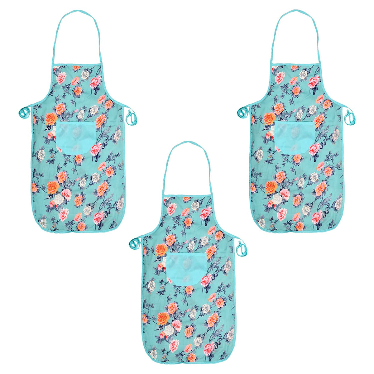 Heart Home Flower Printed Oil Stain Resistant Cooking Kitchen Apron for Men Women with 1 Front Pocket- Pack of 3 (Green)-50HH0716