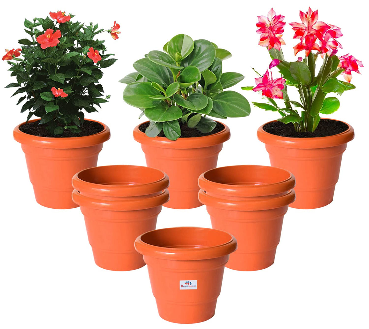Heart Home Solid 2 Layered Plastic Flower Pot|Gamla for Home Decor,Nursery,Balcony,Garden,6"x5",Pack of 8 (Orange)