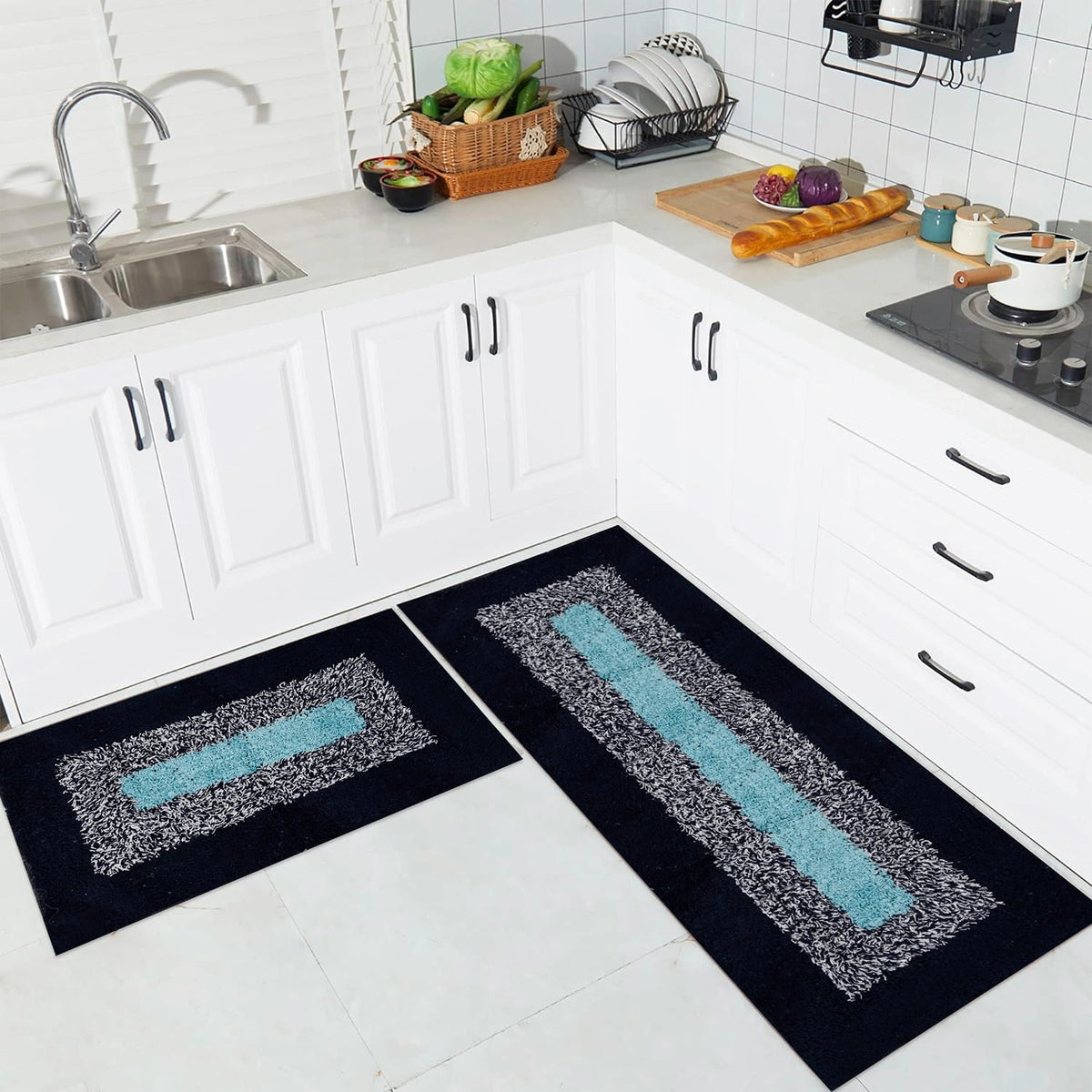 Heart Home Kitchen Set | Luxury Kitchen Floor Door Mat Runner Set | Doormat for Kitchen | Cotton Border Kitchen Set | Door Mat & Kitchen Runner Set | 2 Pcs Set | Blue