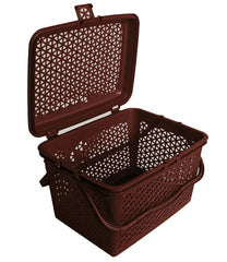 Heart Home Plastic Trendy Shopping Storage Basket with Handles - Big Bin for Shower, Closet, Kitchen, Garden, Bathroom, Toys (Dark Brown)-HS_38_HEARTH21160