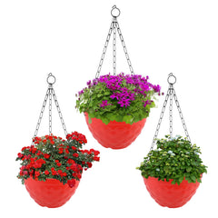 Kuber Industries Diamond Flower Pot|Durable Plastic Hanging Basket Flower Planter with Chain for Home|Garden|Balcony|Pack of 3 (Red)