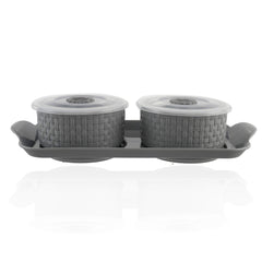 Kuber Industries Walnut Checkered Design Plastic Solitaire Serving Tray with 2 Multipurpose Snacks/Dry Fruit Air Tight Bowls with Lids (Set of 3, Grey)-KUBMART11087