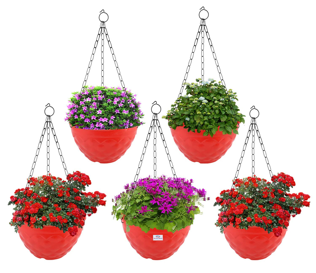 Heart Home Diamond Flower Pot|Durable Plastic Hanging Basket Flower Planter with Chain for Home|Garden|Balcony|Pack of 5 (Red)