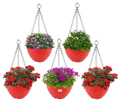 Heart Home Diamond Flower Pot|Durable Plastic Hanging Basket Flower Planter with Chain for Home|Garden|Balcony|Pack of 5 (Red)