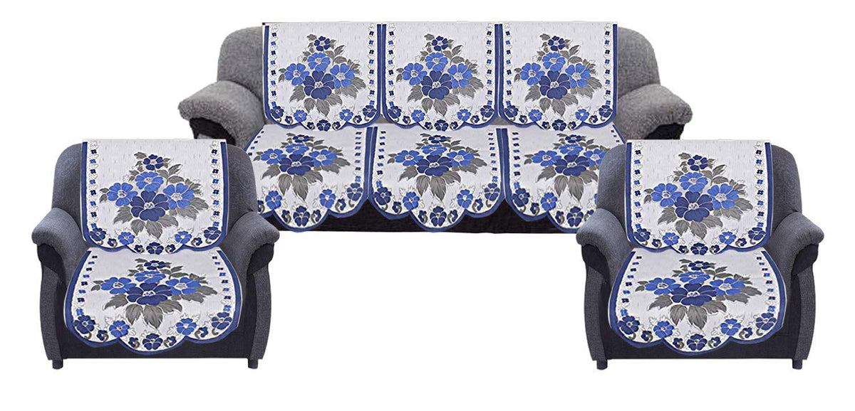 Kuber Industries Flower Cotton 6 Piece 5 Seater Sofa Cover Set (Blue and Cream) - CTKTC022272