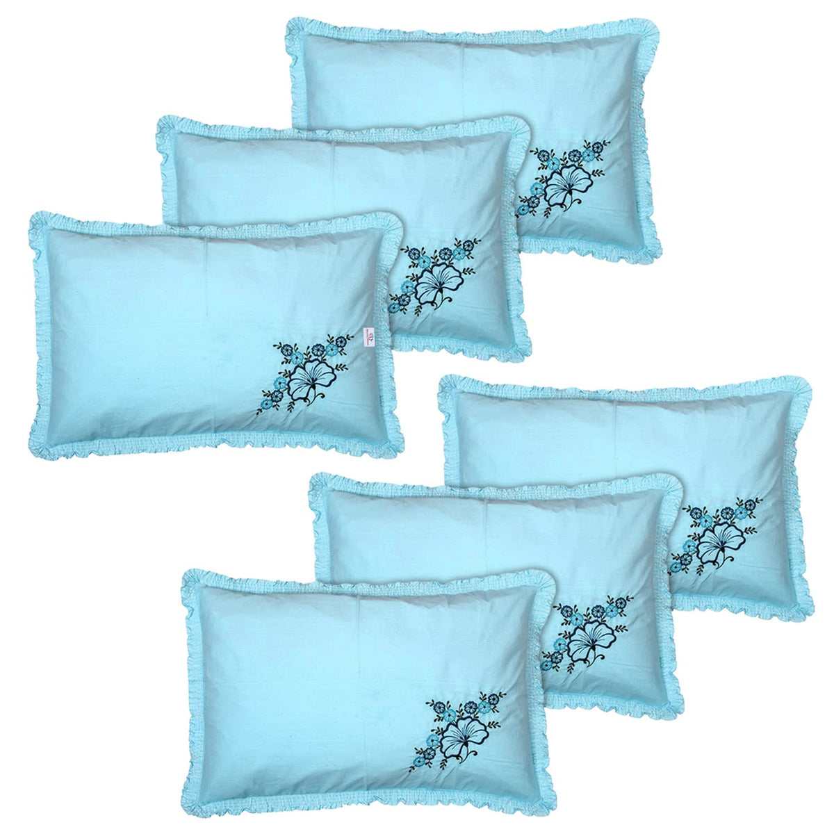 Heart Home Embroidery Pattern Breathable & Soft Cotton Pillow Cover for Sofa, Couch, Bed, Set of 6 (Blue) 54HH4112.