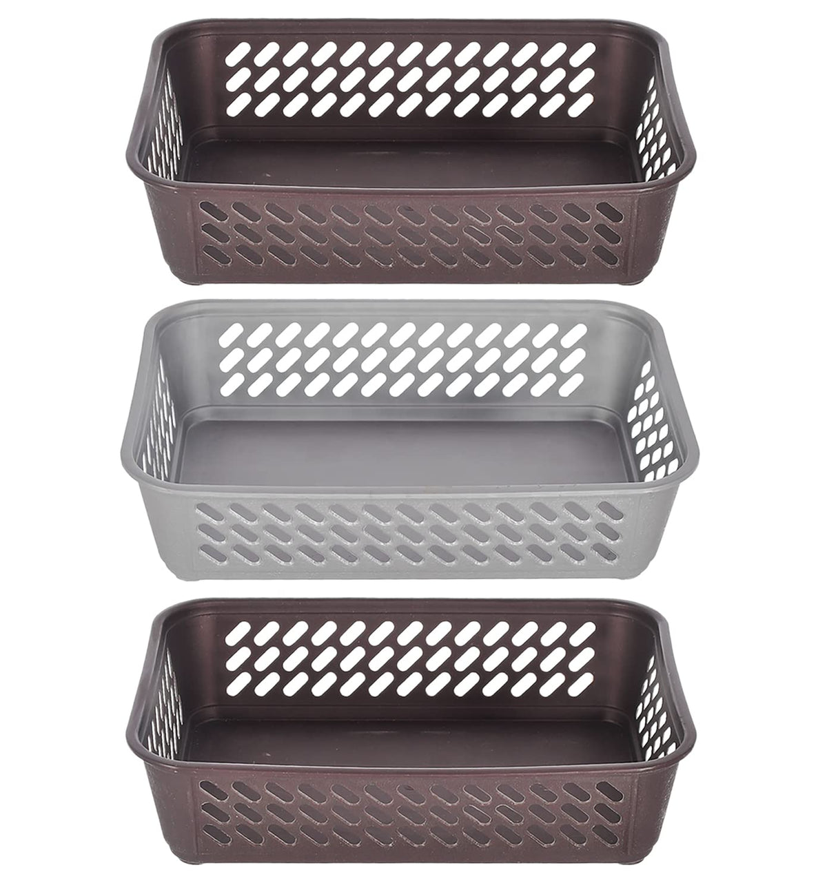 Heart Home Multipurposes Super Tidy Plastic Basket, Organizer for Kitchen, Countertops, Cabinets, Bathrooms- Pack of 3 (Brown & Grey & Brown) -46KHH0284