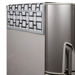 Kuber Industries Fridge Top Cover|Checks Print & Water Resistant PVC Material|6 Utility Side Pockets With Plain Border|Size 98 x 55 CM, Pack of 1 (Grey)