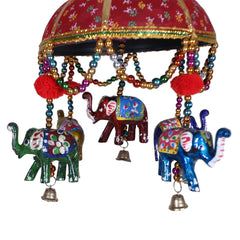 Heart Home Rajasthani Traditional Windchimes|Handcrafted Latkan|Toran with 5 Decorative Hanging Elephants (Red)