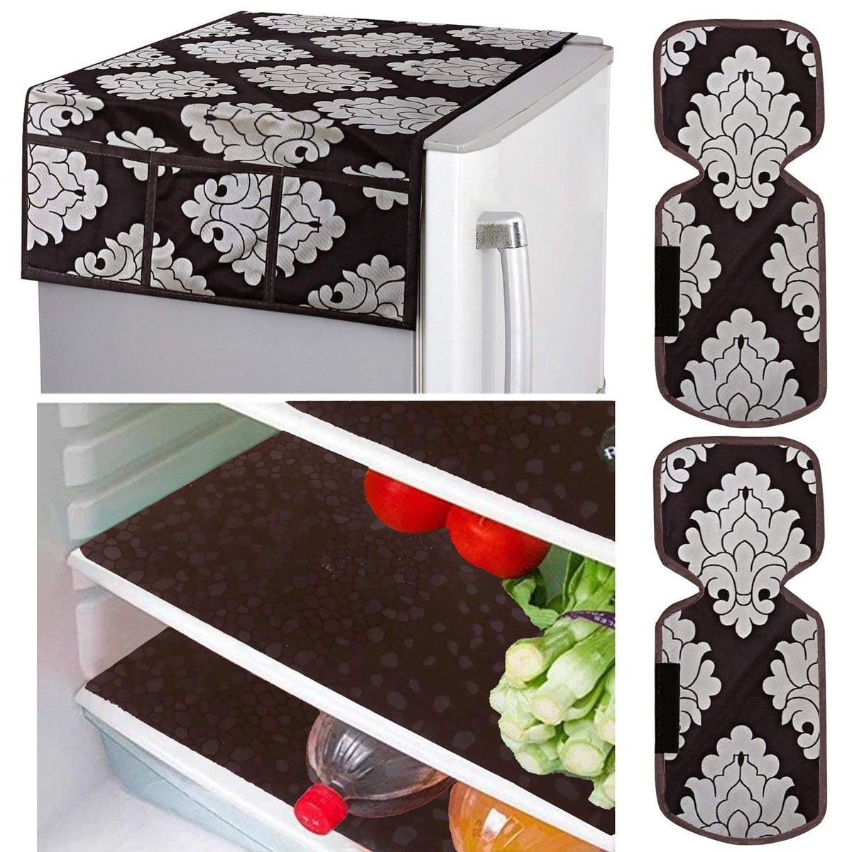 Kuber Industries Flower Design Combo PVC 3 Pieces Fridge Mats, 2 Piece Handle Cover and 1 Piece Fridge Top Cover(Brown)