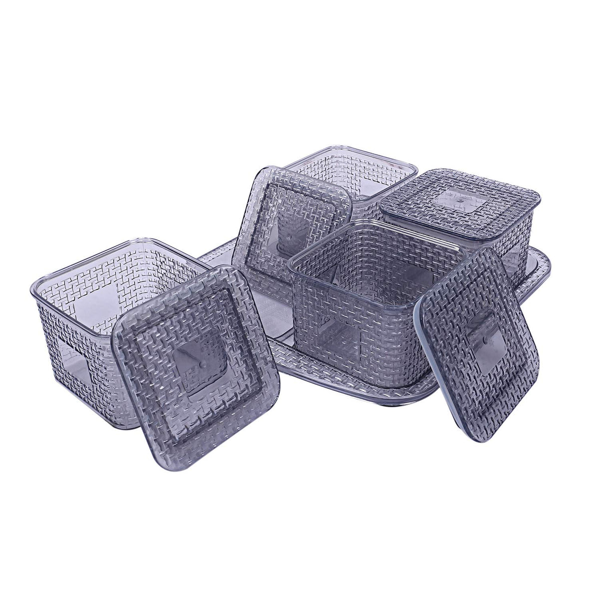 Kuber Industries Dazzle Design Plastic Multi Purpose Dry Fruits Tray with Four Bowls Set (Grey) -CTKTC021813