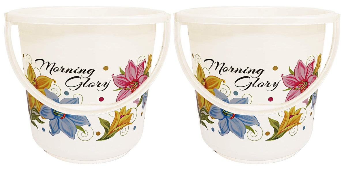 Kuber Industries Floral Print Unbreakable Strong Plastic Bathroom Bucket|Size 30 x 30 x 32 CM|Capicity 16 LTR|Pack of 2 (White) -CTKTC34844