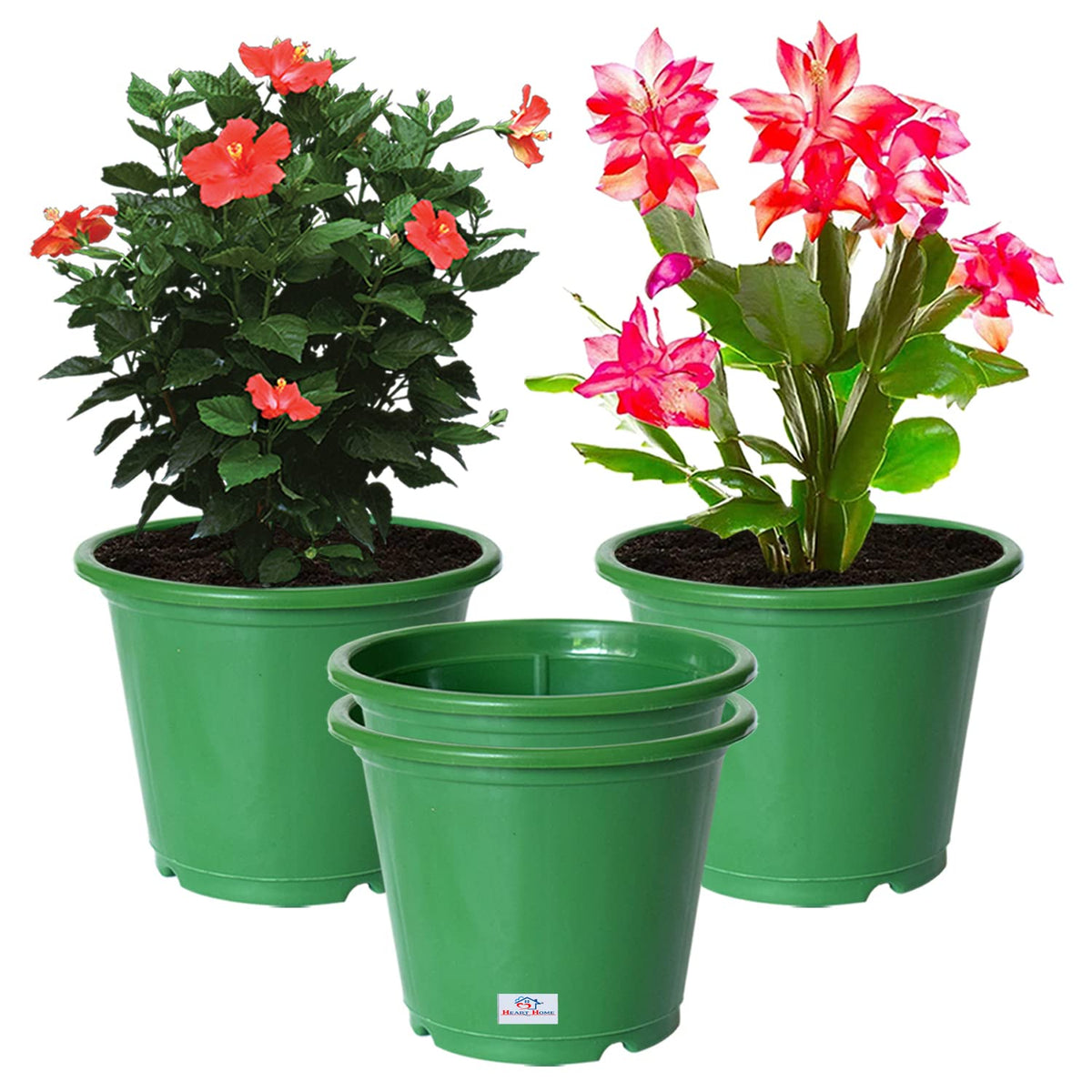 Heart Home Durable Plastic Flower Pot|Gamla with Drain Holes for Indoor Home Decor & Outdoor Balcony,Garden,6"x5",Pack of 4 (Green)