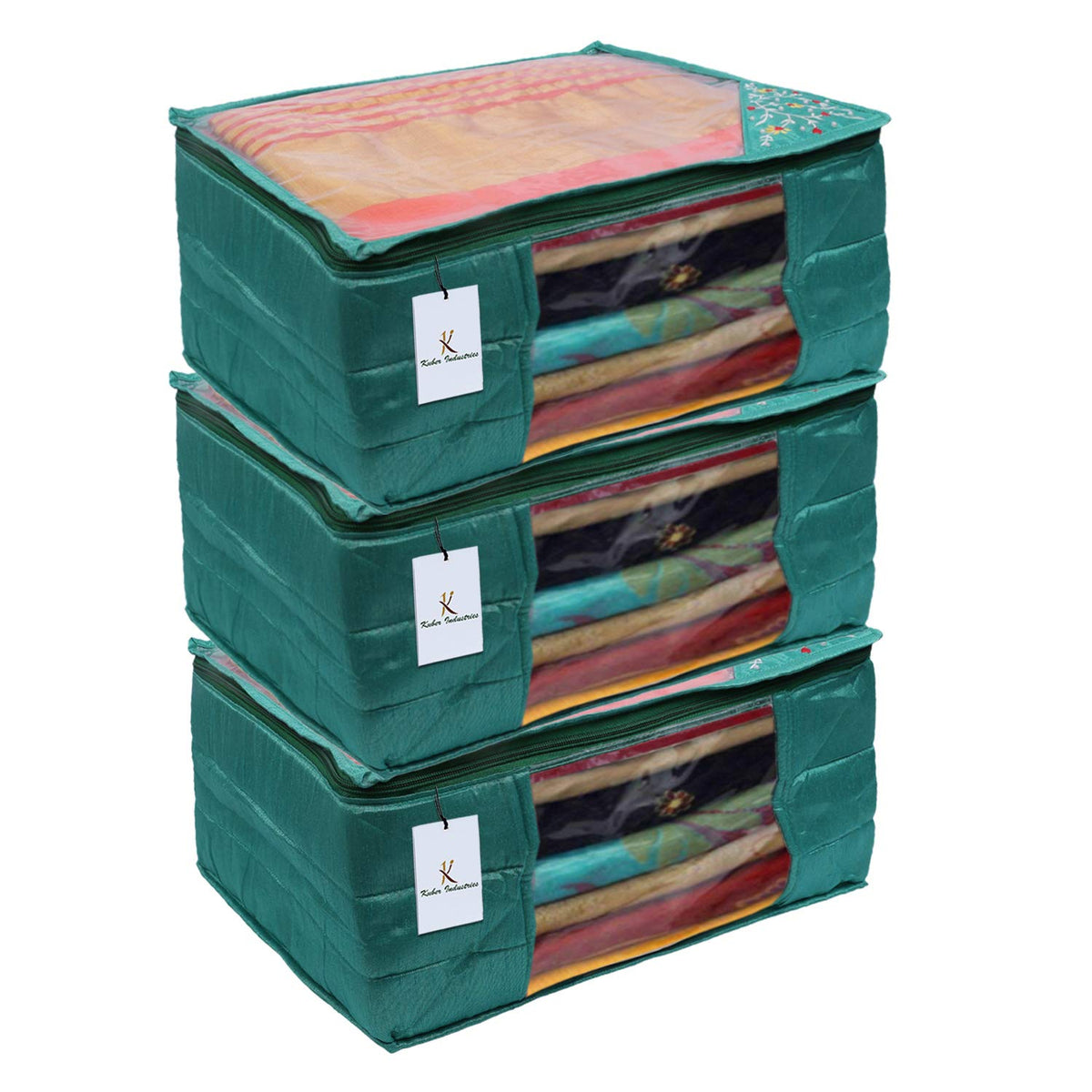 Kuber Industries 3 Layered Quilted Silk 3 Pieces Saree Cover (Green) -CTKTC024694