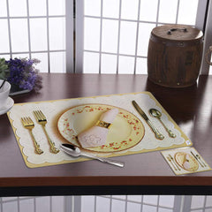Heart Home Multiuses Plate & Spoon Print PVC Table Placemat with 6 Coasters for Kitchen, Dining Table Set of 6 (Golden) 52HH4053