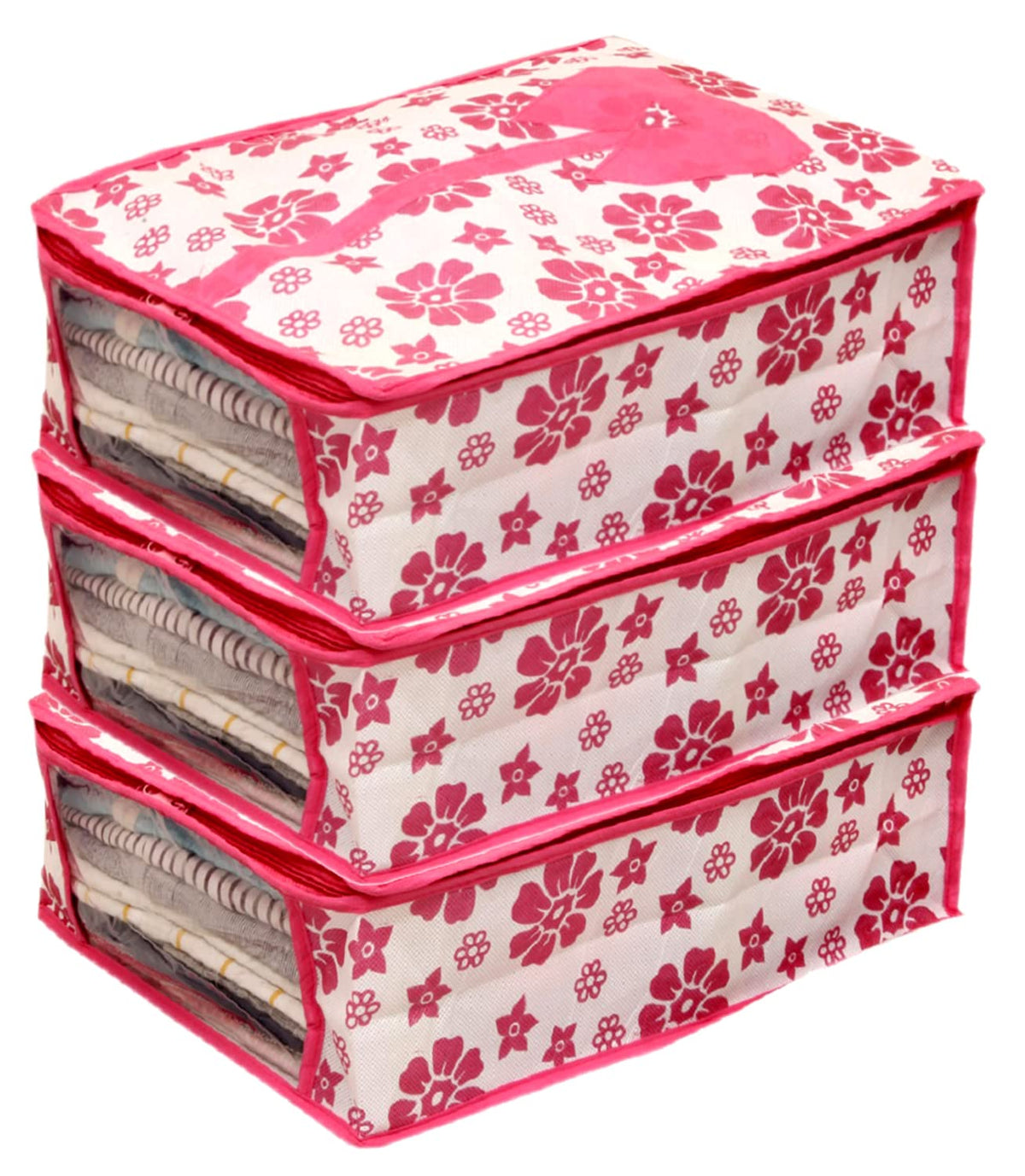 Kuber Industries Flower Printed Shirts & Clothing Organizer With Clear Window- Pack of 3 (Pink)-HS43KUBMART26189