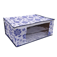 Kuber Industries Flower Design 3 Piece Non Woven Fabric Saree Cover Set with Transparent Window, Extra Large, Royal Blue-CTKTC031940