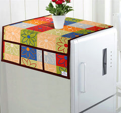 Heart Home Fridge Top Cover|Floral Print & Water Resistant PVC Material|6 Utility Side Pockets with Plain Border|Size 98 x 58 CM, Pack of 1(Blue)