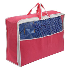 Heart Home Multiuses Non-Woven Rectangular Underbed Storage Bag/Cloth Organizer/Blanket Cover/Closet Organizer With Top Tranasparent Window & Handle- Pack of 6 (Pink)