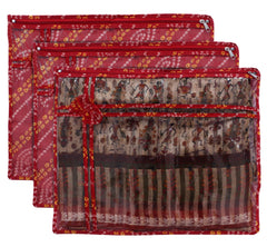 Kuber Industries Bandhani Print PVC Foldable Single Saree Cover|Clothes Storage For Saree, Lehenga, Suit With Transparent Pack of 3 (Red)