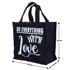 Kuber Industries Lunch Bag|Reusable Jute Fabric Tote Bag|Durable & Attractive Print Tiffin Carry Hand Bag with Handle for Office,School,Gift,Pack of 2 (Black & Brown)