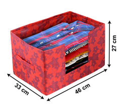 Heart Home Metallic Flower Printed Non-Woven Foldable Saree Stacker, Wardrobe Organizer, Storage Bin With Handle- Pack of 3 (Red)-HS43HEARTH26408