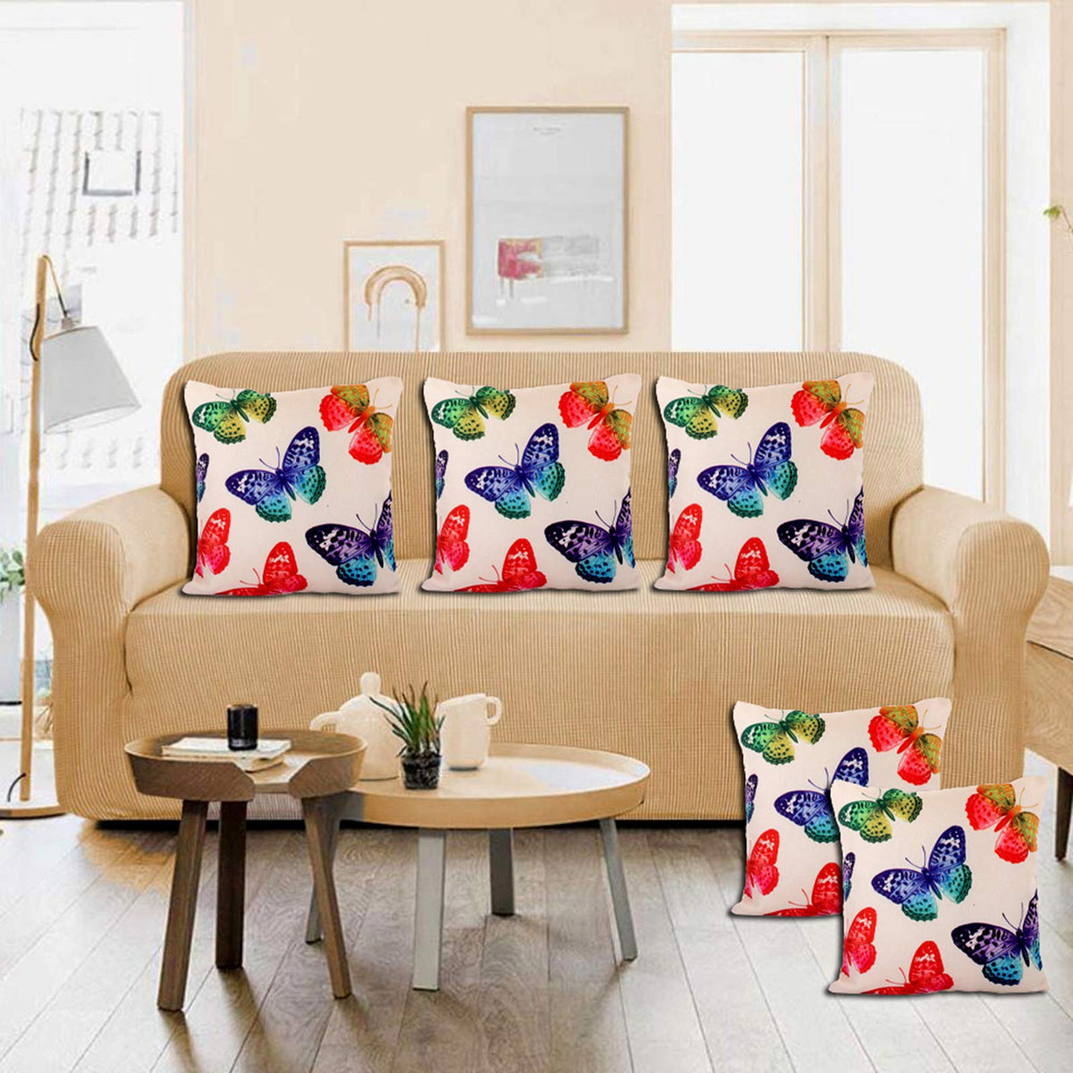 Kuber Industries Butterfly Design 5 Pieces Cotton Cushion Cover - 16"x16"(Cream)