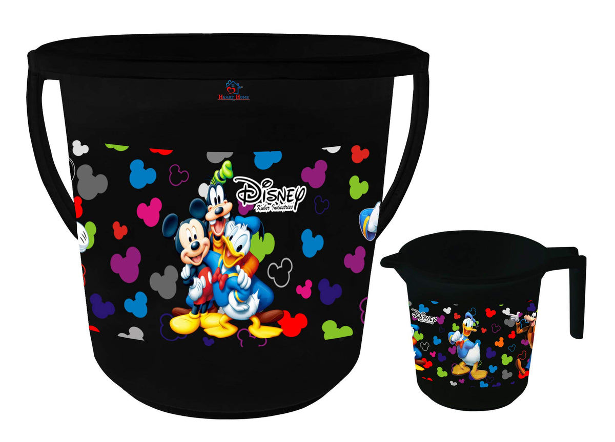 Heart Home Disney Team Mickey Print 2 Pieces Unbreakable Virgin Plastic Bathroom Bucket with Mug Set- Black, (1 Pc 16 LTR Bucket & 1 Pc 500 ML Mug) -HS_35_HEARTHS17493