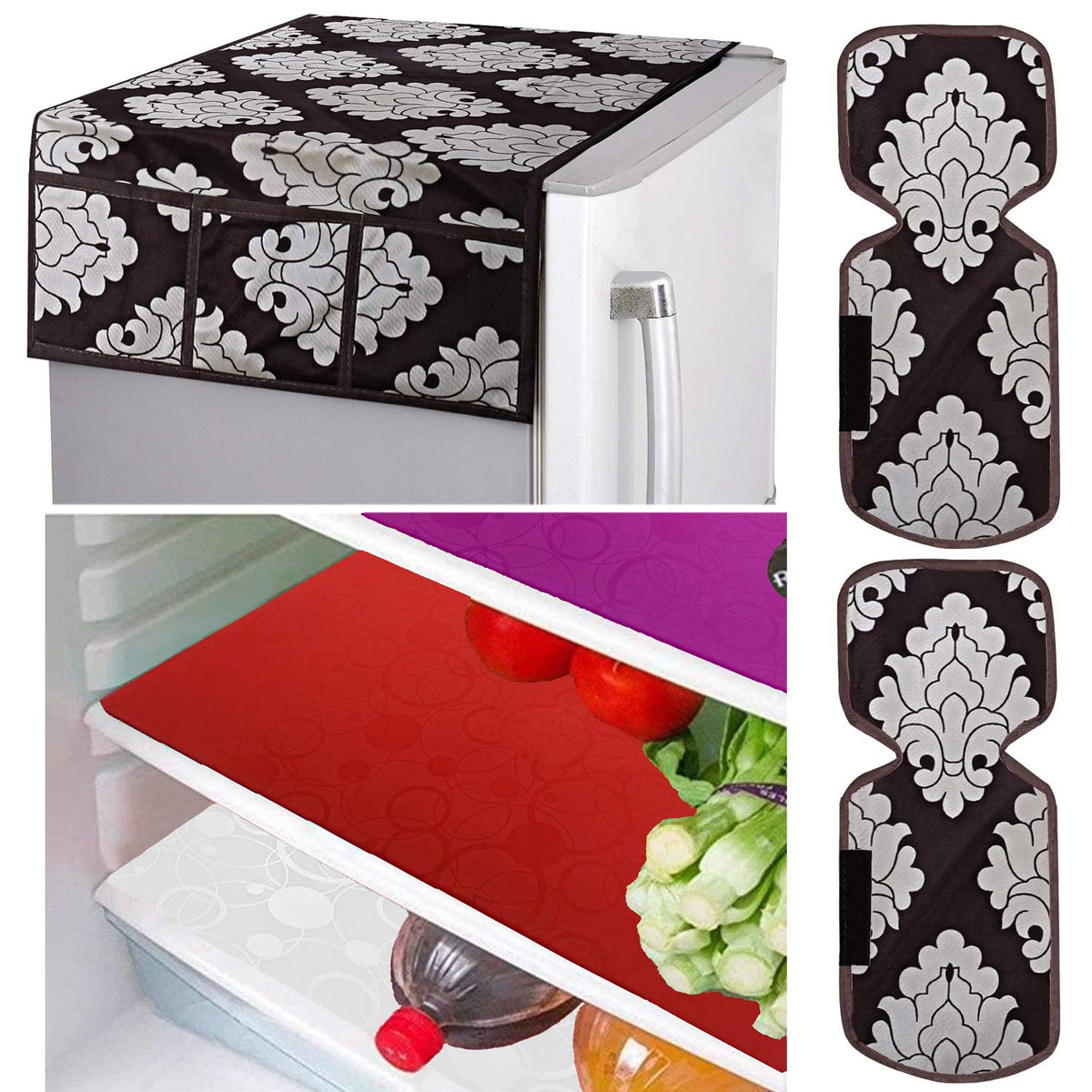Kuber Industries Flower Design Combo PVC 3 Pieces Fridge Mats, 2 Piece Handle Cover and 1 Piece Fridge Top Cover(Brown)