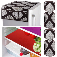 Kuber Industries Flower Design Combo PVC 3 Pieces Fridge Mats, 2 Piece Handle Cover and 1 Piece Fridge Top Cover(Brown)