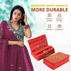 Heart Home Jewellery Organizer | Polyester Gota Lace Check Design Vanity Organizer | 4 Transparent Pouch & 1 Compartment Cosmatic Kit | Red