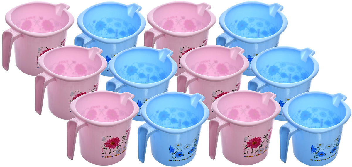 Kuber Industries Floral Printed Virgin Plastic 12 Pieces Bathroom Mug, 1000 ml (Blue & Pink)-KUBMART1258