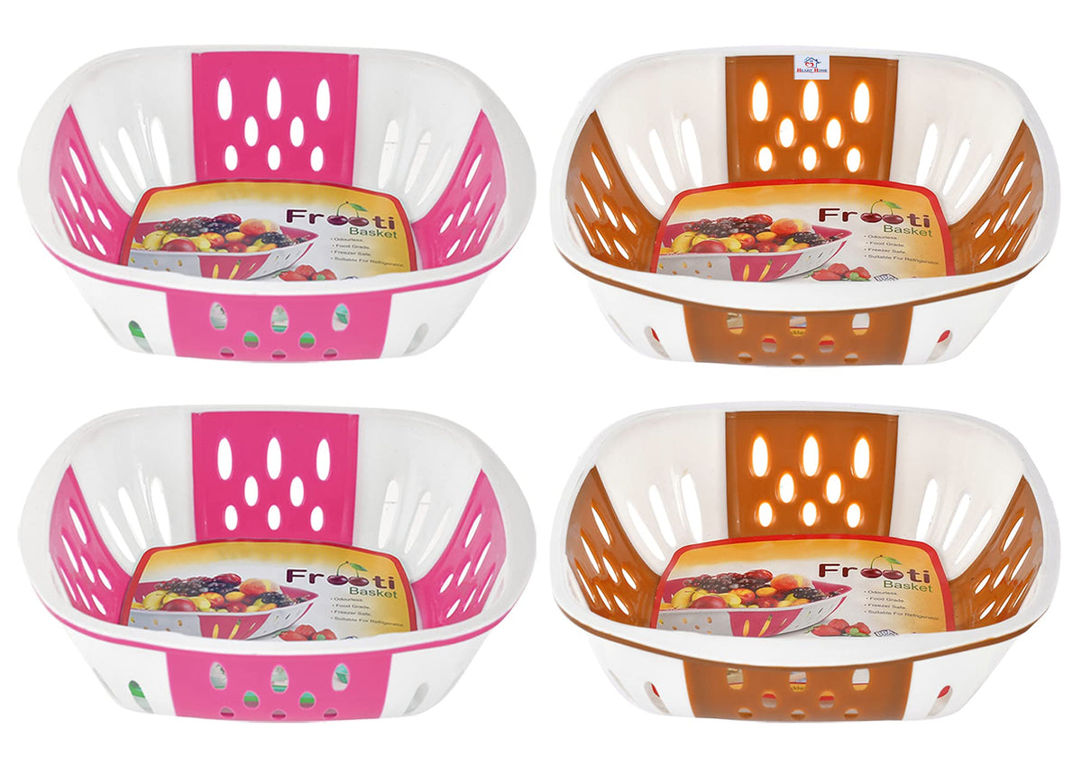 Heart Home Large Plastic Fruit, Vegetable Storage Basket- Pack of 4 (Pink & Brown)-HS42KUBMART25419