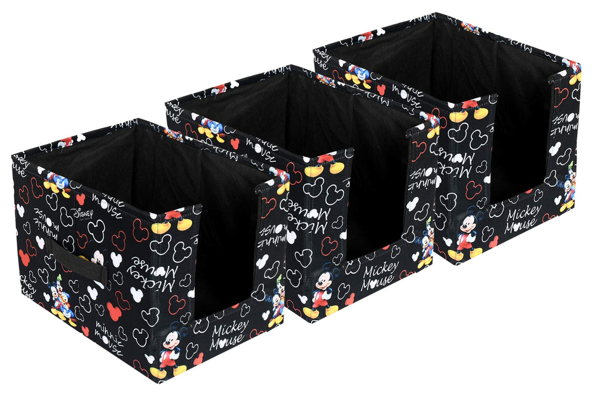 Kuber Industries Disney Mickey Print Non-Woven Fabric 3 Pieces Foldable Cloth Storage Boxes Organizer for Wardrobe With Handle (Black)-KUBMART16073